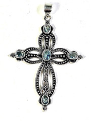 Blue Topaz Crystal Gemstone Cross Pendant 925 Sterling Silver Plated 8.6 g 2.88″