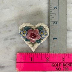 Handmade CERAMIC HEART ROSE Flower Forget Me Nots 3D Pottery Vtg Artisan Brooch