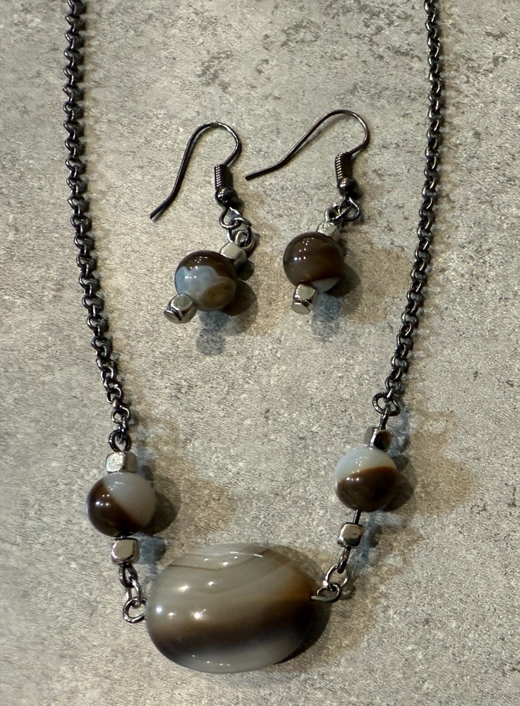 NEW Handcrafted OVAL AGATE Gemstone Pendant 24″ Necklace Gemstone Earrings Set
