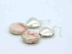 Rhodochrosite Pink 16mm Coin Gemstone 925 Sterling Silver Earrings 1 3/4″ Heart