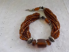 Brown Glass Tube & Resin Bead Necklace Silver Tone Metal Multi Strand