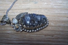 Southwestern Silver Tibetan Carved Moonstone Labradorite SKULL Pendant Necklace
