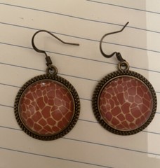 Vintage Circle Brass Filigree W/ Toffee Snake Cabochon French Wire Drop Earrings