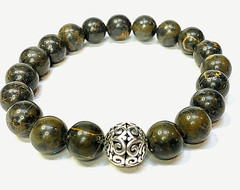 Handmade 10mm Dark Wood Jasper Gemstone & .925 Sterling Silver Bead Bracelet