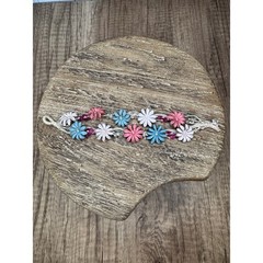 Handmade Genuine Leather Pink Blue White Flower Bracelet Beads Summer Bracelet