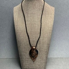 Artisan Glass Pendant Necklace 18 In Swirled Copper Black Braided Cord Silver