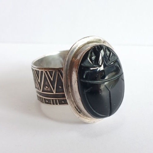 TABRA STERLING SILVER CARVED ONYX BEETLE SCARAB RING SIZE 10