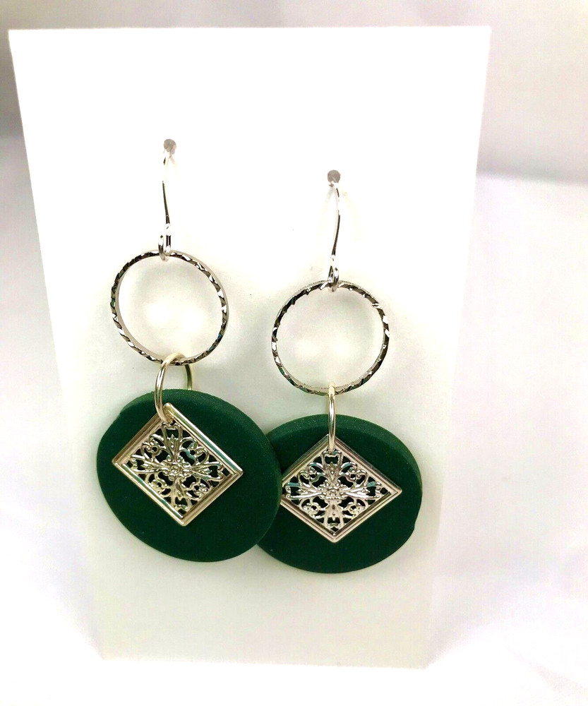 Handmade Green Clay with Detailed Squares & Hoops, Silver Plated Hooks