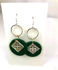 Handmade Green Clay with Detailed Squares & Hoops, Silver Plated Hooks