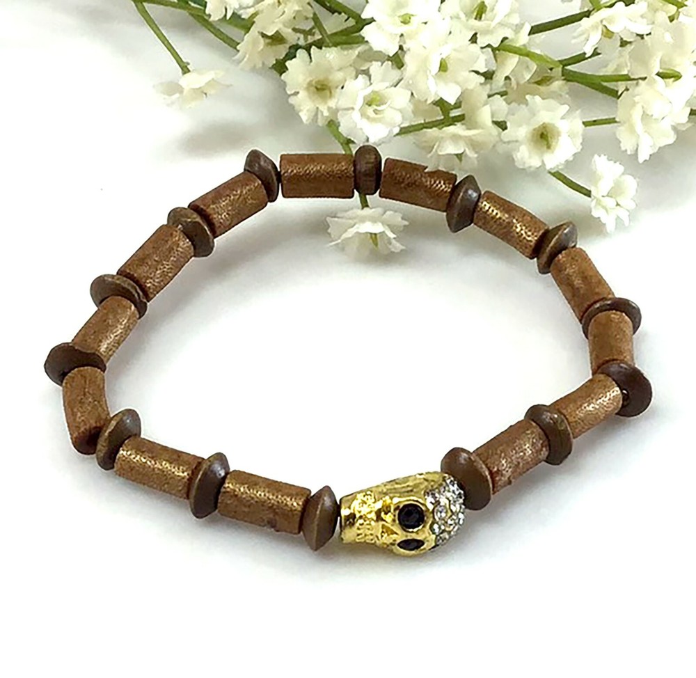 Coral and wood beaded bracelet with skull pendant healing gemstone for women