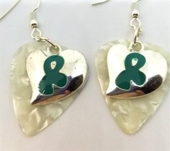 Teal Ribbon on a Heart Charm Guitar Pick Earrings with Surgical Steel Earwires