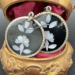 Vintage Alpaca Mexico Dangle Earrings – Inlaid Mother Of Pearl Floral Design 2″