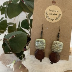 Earthy Earrings Nature Inspired Sage green Glass / Wood Beads Antiqued Style