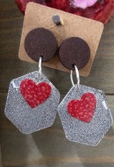 Handmade Heart And Wood Earrings Artisan Crafted Red With Sparkles Jewlery By Me