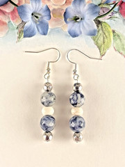 Blue & White Sodalite Gemstone Silver Hook Earrings Artisan Trendy Style Jewelry