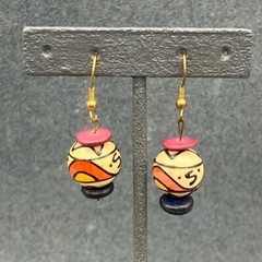 Retro Dangle Pierced Earrings Artisan Bead Black Beige Orange Yellow Red Gold