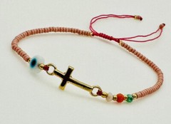 Pulsera Rosa Con Cruz Adornada Con Ojo Blanco Crystal Y Chaquiras