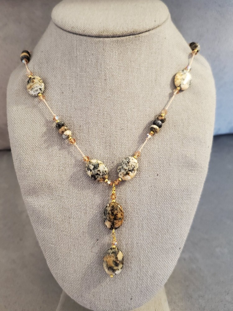 Elegant Handmade Spotted Jasper Gemstone Beaded Necklace Crystal Accents Y Drop