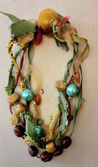 Artisan Silk Ribbon Necklace Ceramic& Molded Beads Browntones & Turquoise Colors