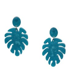 Handmade Resin Monstera Tropical Leaf Dangle Earrings Cyan Blue Tiki Retro VLV