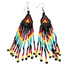 Handmade Beaded Fringe Earrings Southwestern Black Red Yellow Turquoise 4 Inch