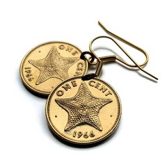 1966 Bahamas 1 Cent coin earrings Bahamian starfish sea star Nassau beach 000681