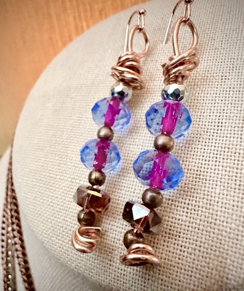 Handcrafted Messy Wire Wrap Czech Dangle Earrings w/Copper & Hematite accents