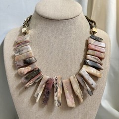 Pink Rhodochrosite Slab Spike Choker Necklace Chunky Stone Statement Boho Bib