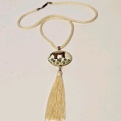 VTG White Cord Tassel Necklace W/ Red Elephant Flowers Round Cloisonne Pendant