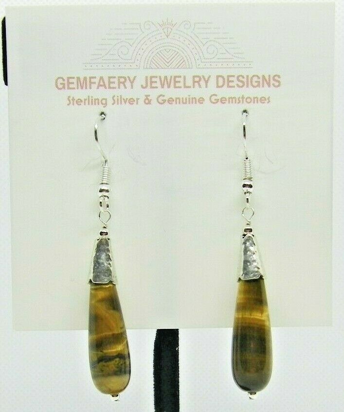 Sterling Silver Natural TIGER’S EYE Teardrop Dangle Earrings #117…Handmade USA