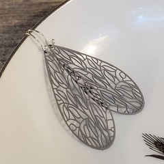 Art Nouveau Lacy Stormy Gray Filigree Slim Teardrop Enamel Pendant Earrings