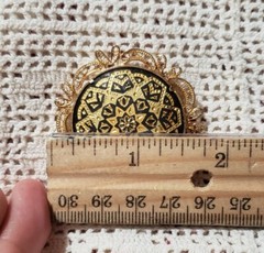 Vintage Gold Tone Damascene Round Brooch Pin , Filigree Frame, 1.75 in. EUC