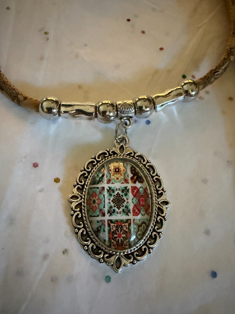 Portuguese Dark Blue Cork Necklace with Blue Tile Design Oval Pendant