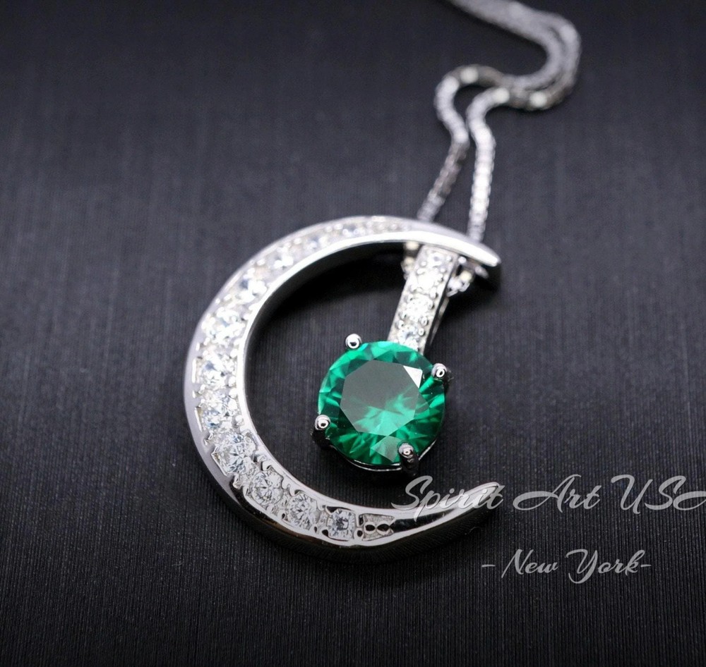 Crescent Moon Emerald Necklace – Sterling Silver One Necklace Two wear – Green