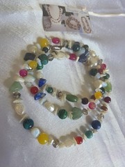 Avelis Signature Gemstone Pearls Necklace, Long Crystals, Handmade, Toggle Clasp