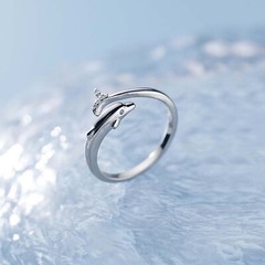 Sterling Silver Dolphin Ring,Dainty Fish Ring for Women Adjustable Open Ring