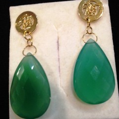 14k Gold Earrings Green Agate Pear Shaped Focal Briolette Gemstone Boho 1.5″ L