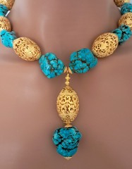 Turquoise Nugget Gold Filigree Beaded Statement Necklace Earring Set 181 Grams
