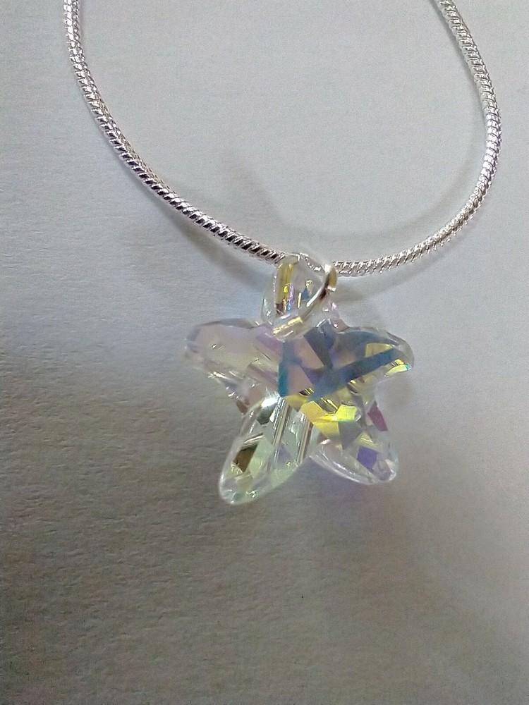 14mm AB Crystal Star ⭐ Pendant Necklace 18″ Silver Plated Chain