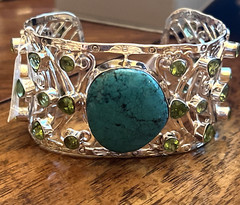 Natural Kingman Turquoise and Peridot Cuff Bracelet in Sterling Silver (7.00 In