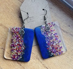 Handmade Purple Resin Statement Earrings Crushed Gold & Pink Dangle Jewelry