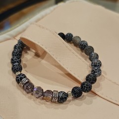 Agate Beaded Bracelet Black Purple Silver Gemstone Glass Adjustable Cord size8in