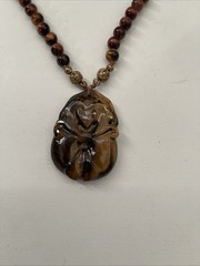 Carved Tiger’s Eye Beaded Pendant W/ Filigree Beads Necklace Made In India 24″