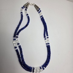 Handmade Blue Dyed Jade And Clear Chrystal Beaded Double Strand Necklace L31