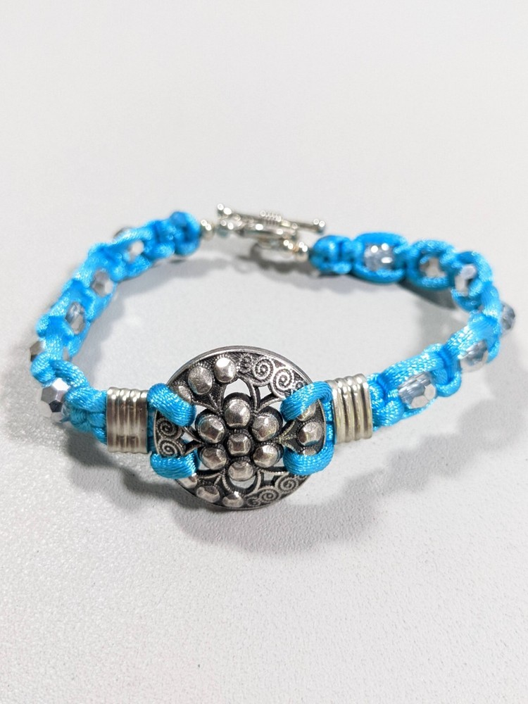 Silver Tone Blue Cord Medallion Bead Woven Style Toggle Bracelet 7.5 inches