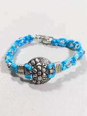 Silver Tone Blue Cord Medallion Bead Woven Style Toggle Bracelet 7.5 inches