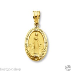 3D Small Oval Miraculous Medal Charm Pendant Solid Real 14K Yellow Gold 10X16mm