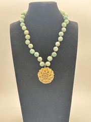 Artisan Aqua Blue Stone Bead Necklace 19” Carved Flower Pendant Boho