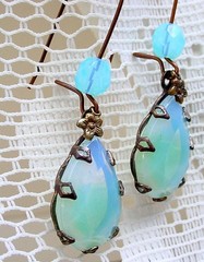 Brass & Blue Green Aqua Sabrina Glass Earrings – Pierced, Opal Like, Dangle