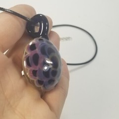 MURANO ART GLASS FLOWER PINK PURPLE RECTANGLE PENDANT NECKLACE SIGNED